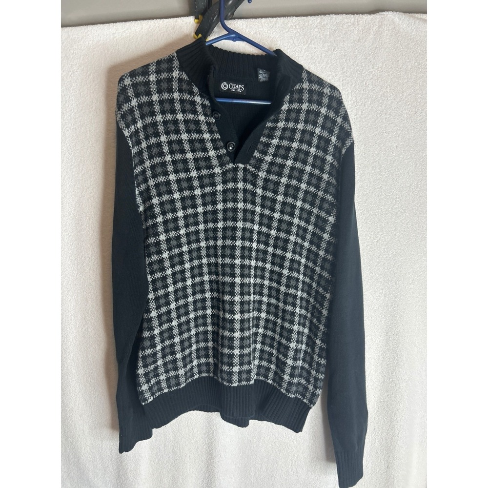 Chaps Mens Black Grey Plaid Cotton Knit Mock Neck 3-Button Sweater Size M